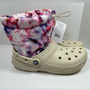 Crocs Classic Size W10/M8 Bone Fur Lined Cozy Warm Neo Puff Pink Tie-Dye Shoes